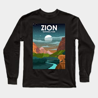 Zion National Park Night Sky Stars Vintage Travel Poster Long Sleeve T-Shirt